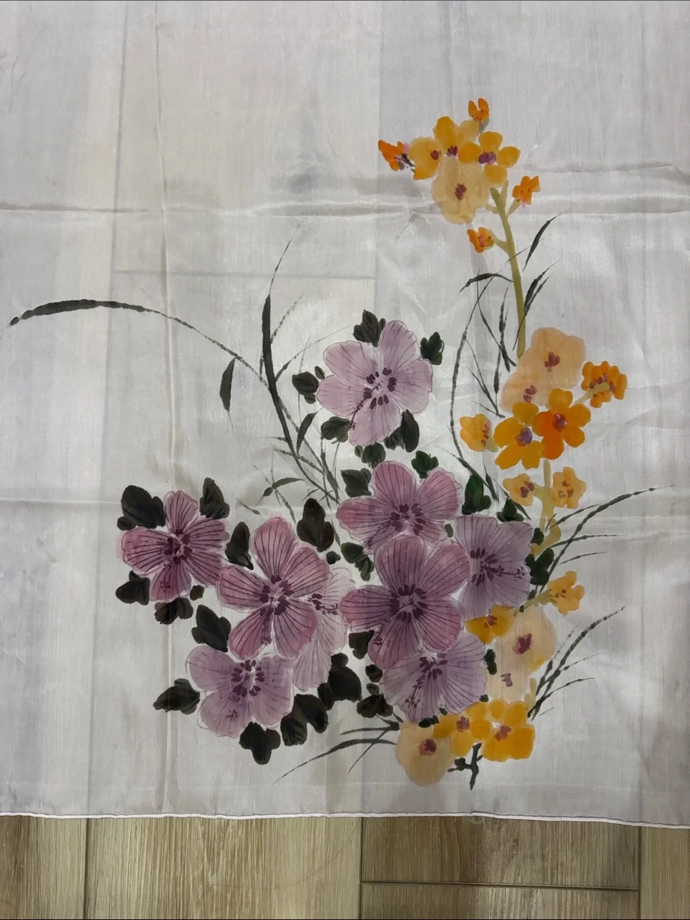 Light Pink Floral Silk Scarf with Pink and Yellow Blossoms